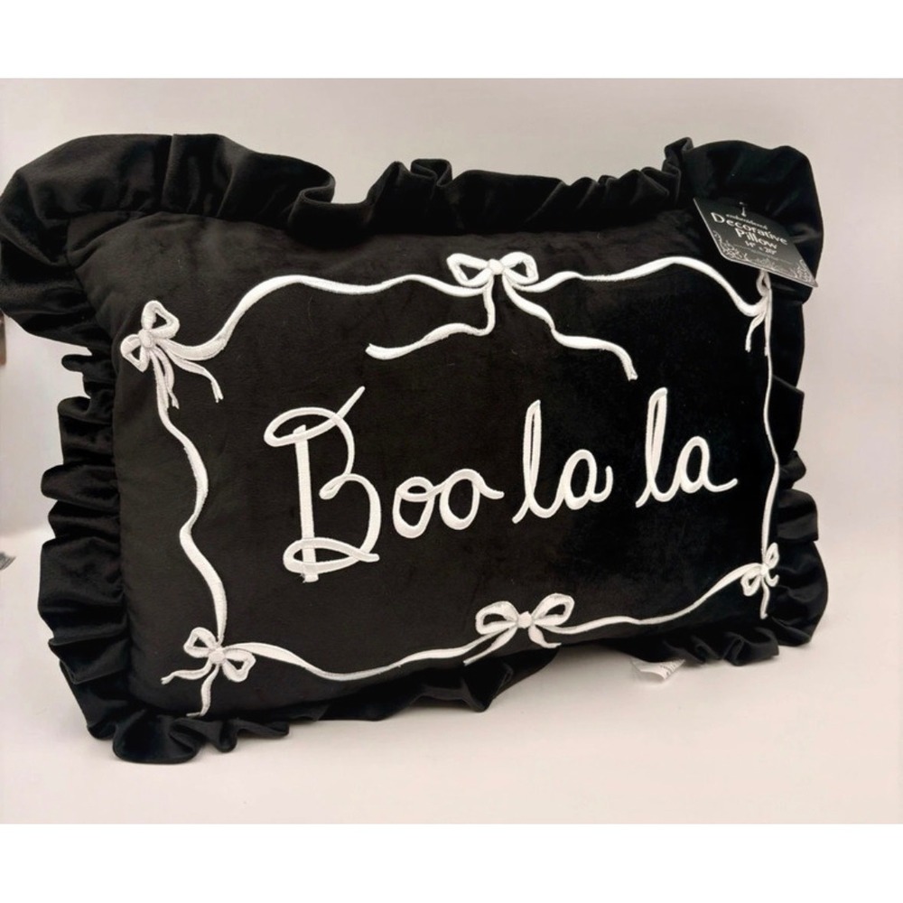 Sleep Pretty Stay Spooky Boo La La Velvet Ruffle Halloween Pillow 14x20 Black